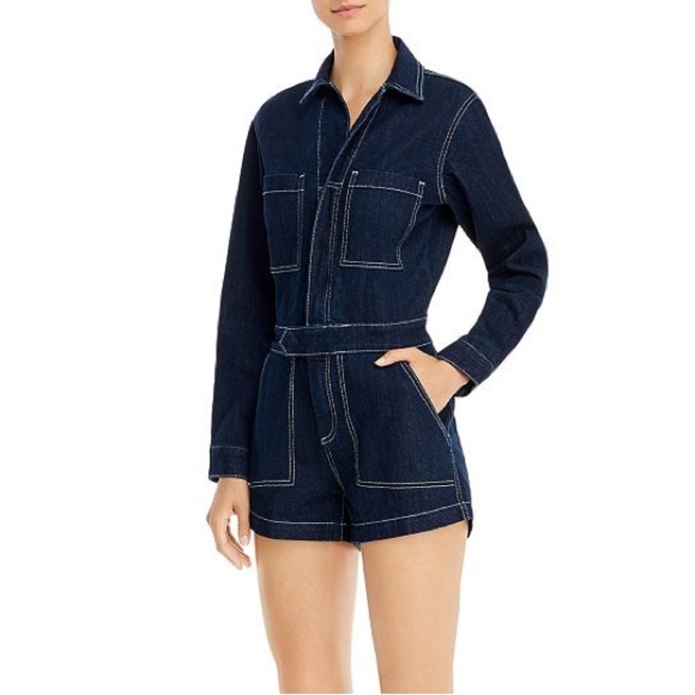 DL1961 Hannah‎ Denim Zip-Front Romper long sleeve contrast stitching dark wash